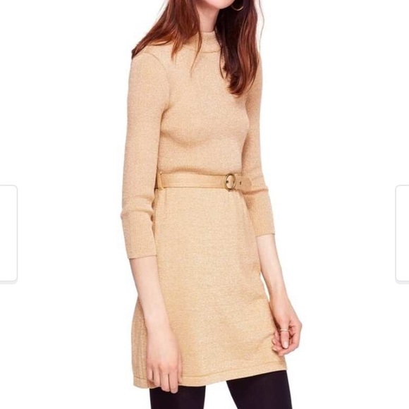 New Free People French Girl Sweater Mini Sweater Dress Gold New With Tags Gold - Picture 14 of 14